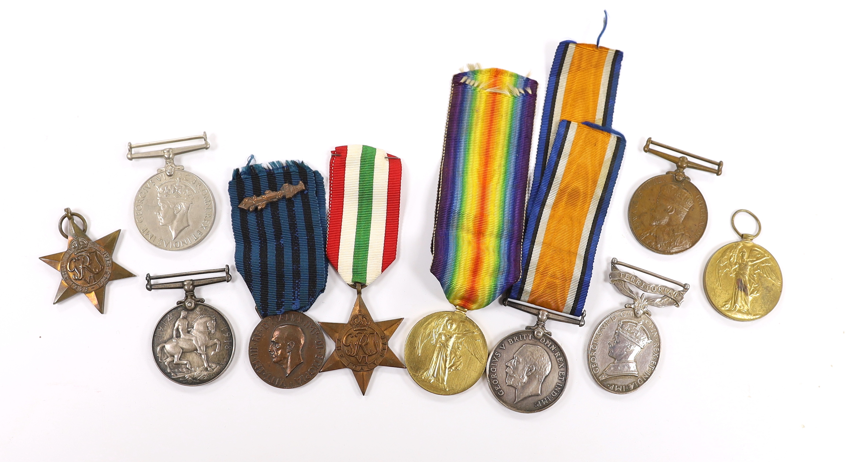 Ten medals; two First World War pairs of the Victory medal and the British War medal to Pte. F.J. Pulham 24 London Reg. and Pte. H. Cannell M.G.C., three WWII medals; The Italy Star, The 1939-1945 Star and a 1939-1945 Wa